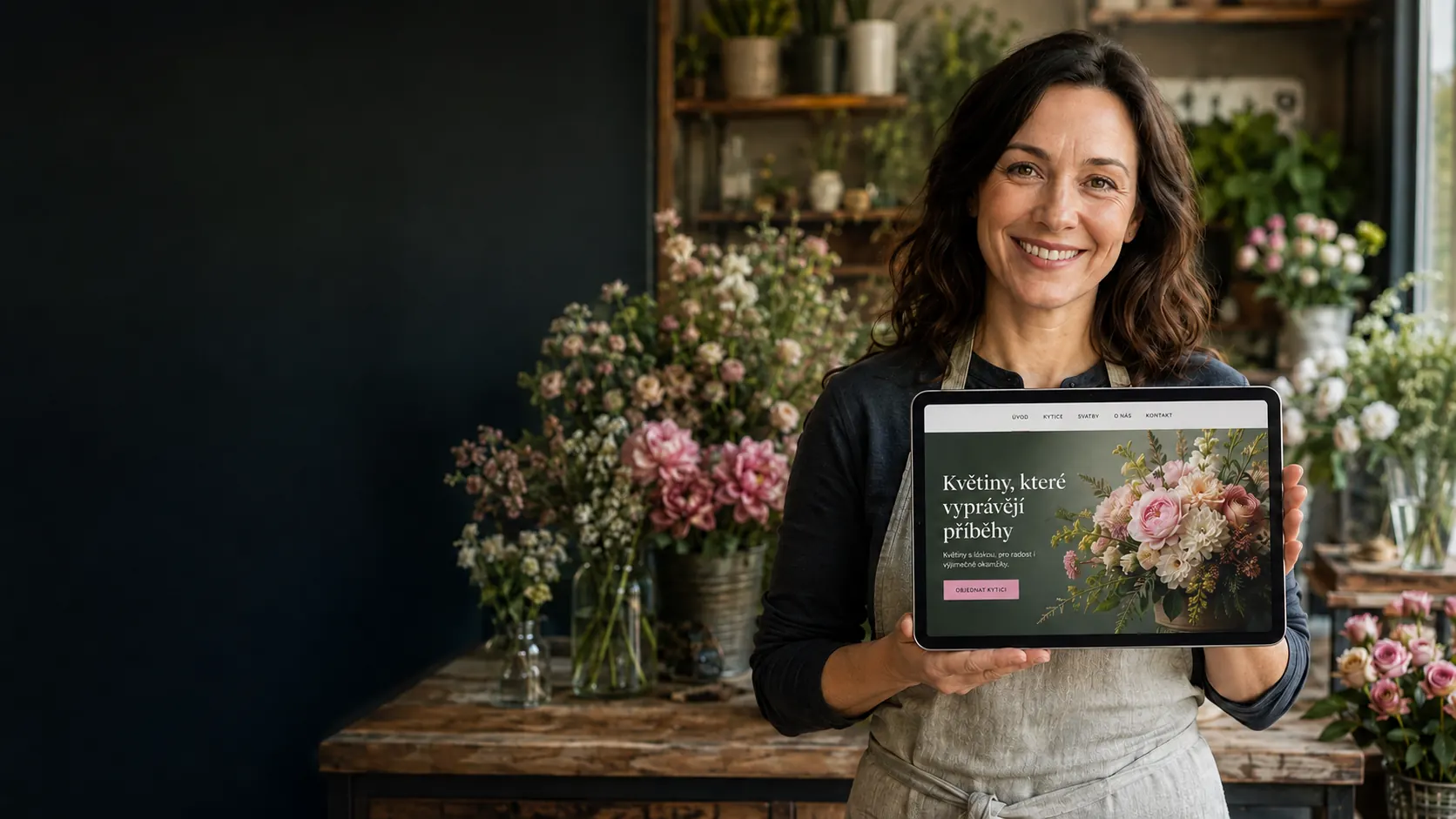 Majitelka květinářství ukazuje landing page svého webu na tabletu